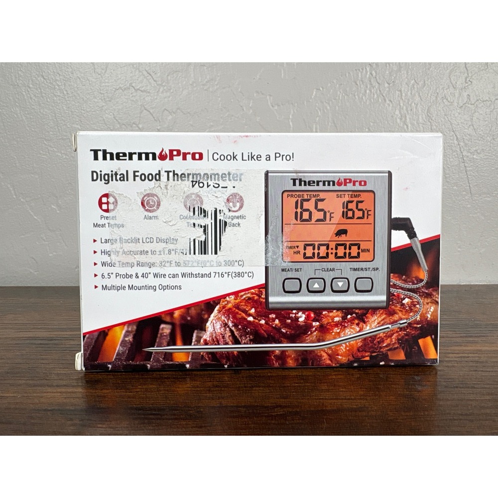 ThermoPro TP-16S Digital Meat Thermometer Backlit LCD Alarm Silver‎ TP16S NEW